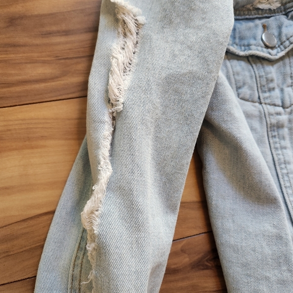 XS GB Jean Jacket Cutout Open Denim Accent Lightwash Punk Boho Ripped Distressed - Picture 4 of 7